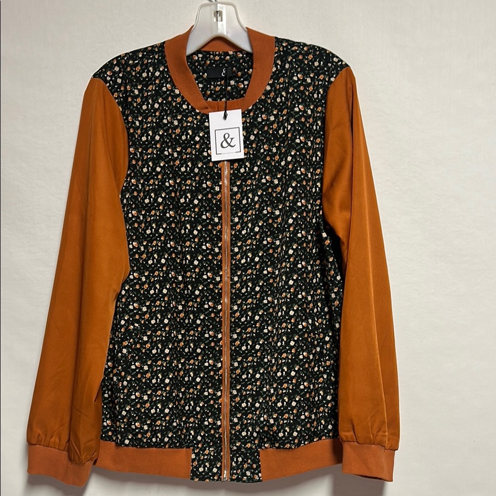 AMPERSAND AVE Floral Bomber Jacket with Orange Accents